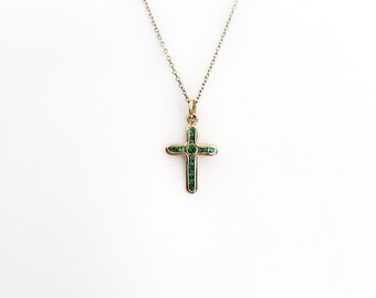 14K Tiny Solid Yellow Green Gold Cross Pendant Crucifix. Green Cubic Zirconia. Christian Pendant.