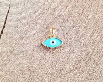 925 Sterling Silver Light Blue Greek Evil Enamel Eye Gold Plated Pendant.Good Luck and Protection Charm