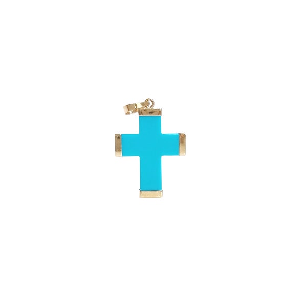 Pendentif croix en or 14 carats turquoise jaune massif, crucifix. Pendentif chrétien.