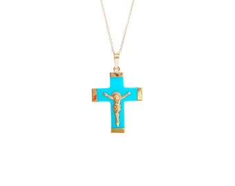 14K Solid Yellow Turquoise Gold Cross 
