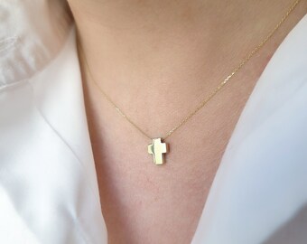 14K Yellow Solid Gold Cross Chain Pendant.Small Cross Necklace. Classy Cross Casual Charm Necklace.