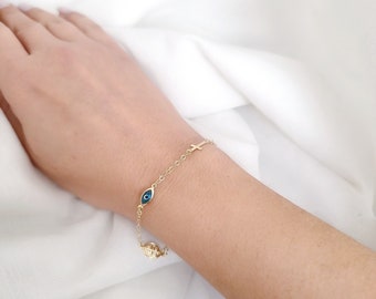 14K or 9K Gold Tiny Blue Greek Evil Eye & ICXC NIKA Cross Constantinato Chain Bracelet. 9K or 14K Yellow Solid Gold. Protection Bracelet.