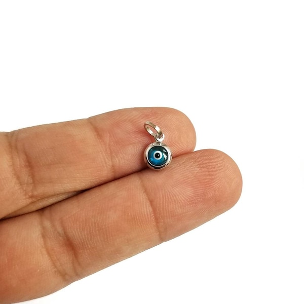925 Sterling Silver Tiny Greek Evil Eye Pendant. Blue Murano Evil Eye.Good Luck and Protection Charm