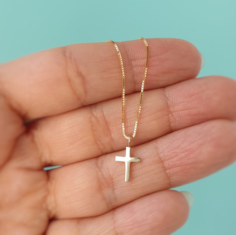 14K Yellow Solid Gold Cross Chain Pendant. Minimalist Christian Necklace. Classy Unisex Cross Casual Charm Necklace. image 3