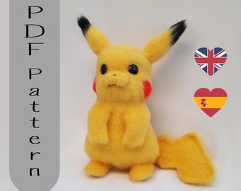 May include: A crochet pattern for making a Pikachu plush toy. The pattern is available in English and Spanish. The pattern includes instructions for crocheting the body, head, ears, tail, and other details. The pattern is available as a PDF download.