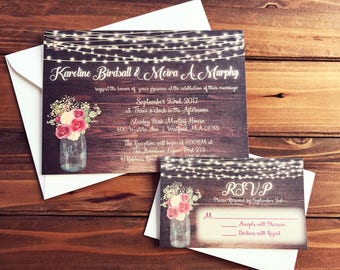Rustic Wedding Invitation Set – Mason Jar Flowers, String Lights (DIY PRINT Digital Custom)