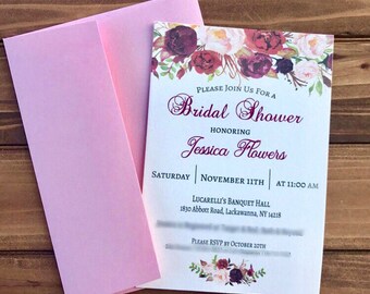 Burgundy, Maroon, and Pink Floral Bridal Shower Invitation