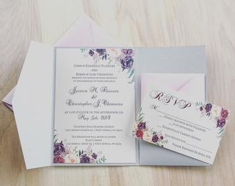 Classically Elegant Burgundy, Pink, & Champagne Floral Wedding Invitation, RSVP, and Information Card option