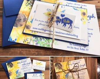 Rustic Sunflower Blue & Yellow Wedding Invitation, RSVP, and custom Tag option