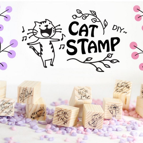 Cute DIY Crafts Wooden Rubber Stamp Set - Cat Design 12 Pcs/Set