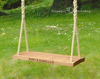 Oak Rope Tree Swing -Personalised Engraving - Medium or Large Rustic Wooden Garden Outdoor Swings - 5m rope- Solid Wood- for Kids or Adults