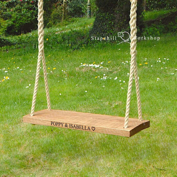 Oak Rope Tree Swing -Personalised Engraving - Medium or Large Rustic Wooden Garden Outdoor Swings - 5m rope- Solid Wood- for Kids or Adults