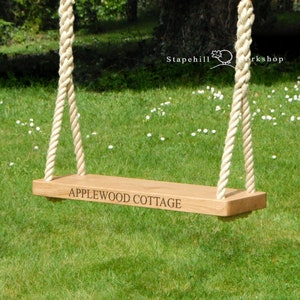 Family Oak Rope Tree Swing - Personalised Wooden Seat Outdoor Indoor Engraved Garden Swings - Solid Wood Gift - Adult or Kids - Kiln Dried