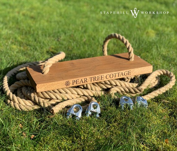 Rustic Personalized Oak Rope Tree Swing –  Garden Outdoor Seat (Engraved)