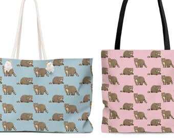 Raccoon Tote Bag, Animal Pattern Weekender Bag for Women, Cute Beach Bag, Weekend Bag, Shopping Bag, Racoon Lover Gift