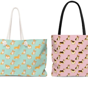 Corgi Tote Bag, Dog Pattern Weekender Bag for Women, Cute Beach Bag, Weekend Bag, Shopping Bag, Tri Color Corgi Mom Gift