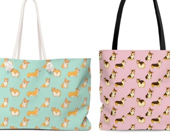 Corgi Tote Bag, Dog Pattern Weekender Bag for Women, Cute Beach Bag, Weekend Bag, Shopping Bag, Tri Color Corgi Mom Gift