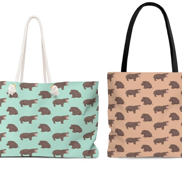 Hippopotamus Tote Bag, Animal Pattern Weekender Bag for Women, Cute Beach Bag, Weekend Bag, Shopping Bag, Hippo Gift