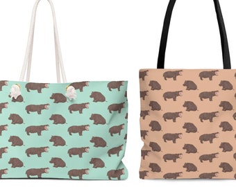 Hippopotamus Tote Bag, Animal Pattern Weekender Bag for Women, Cute Beach Bag, Weekend Bag, Shopping Bag, Hippo Gift