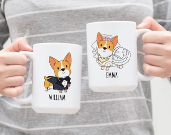 Personalized Bride and Groom Corgi Mugs, Custom Name Coffee Mug, Dog Couple Mug, Newly Wed Mug, Valentine Engagement Gift Wedding Gift