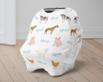 Custom Baby Car Seat Cover, Farm Animals Baby Carseat Canopy, Personalized Car Seat Canopy Boys Girls, Farm Animal Newborn Baby Shower Gift