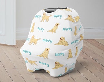 Custom Baby Car Seat Cover, Golden Retriever Baby Carseat Canopy, Personalized Car Seat Canopy for Boys Girls, Dog Newborn Baby Shower Gift