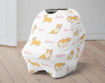 Custom Baby Car Seat Cover, Corgi Baby Carseat Canopy, Personalized Car Seat Canopy for Boys Girls, Dog Newborn Baby Shower Gift