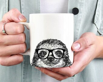 Sloth Mug, Sloth Lovers Coffee Mugs, Hipster Nerdy Animal Coffee Mug 15 oz 11 oz, Sloth Lovers Gifts Cup Mug, Glass