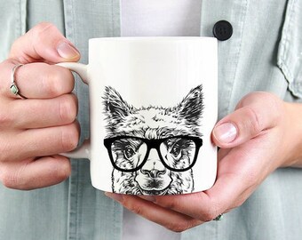 Llama Mug, Animal Lovers Coffee Mugs, Hipster Nerdy Animal Coffee Mug 15 oz 11 oz, Llama Lovers Gifts Cup Mug, Glass