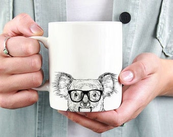 Koala Mug, Animal Lovers Coffee Mugs, Hipster Nerdy Animal Coffee Mug 15 oz 11 oz, Koala Lovers Gifts Cup Mug, Glass