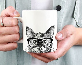 Tortoiseshell Cat Mug, Cat Coffee Mugs, Hipster Nerdy Cat Mom Cat Dad Coffee Mug 15 oz 11 oz, Tortie Cat Mom Gifts Cup Mug, Glass