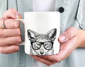 Coyote Mug, Animal Lovers Coffee Mugs, Hipster Nerdy Animal Coffee Mug 15 oz 11 oz, Wolf Lovers Gifts Cup Mug, Glass