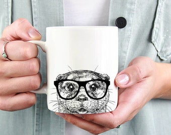 Otter Mug, Animal Lovers Coffee Mugs, Hipster Nerdy Animal Coffee Mug 15 oz 11 oz, Otter Lovers Gifts Cup Mug, Glass