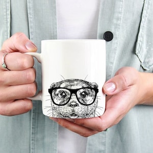 Otter Mug, Animal Lovers Coffee Mugs, Hipster Nerdy Animal Coffee Mug 15 oz 11 oz, Otter Lovers Gifts Cup Mug, Glass
