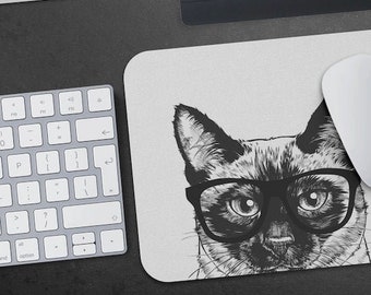 Siamese Cat Mousepad, Hipster Nerdy Cat Mouse Pad, Cat Mom Dad Lover Gift, Laptop Office Desk Accessories, Boss Teacher Coworker Gifts
