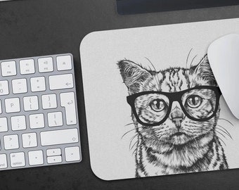 Tabby Cat Mousepad, Hipster Nerdy Cat Mouse Pad, Cat Lover Gift Mousepads, Funny Laptop Office Desk Decor Accessories, Coworker Gifts