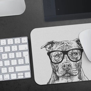 May include: A black and white illustration of a pit bull wearing glasses. The dog is looking directly at the viewer. The background is a light gray.