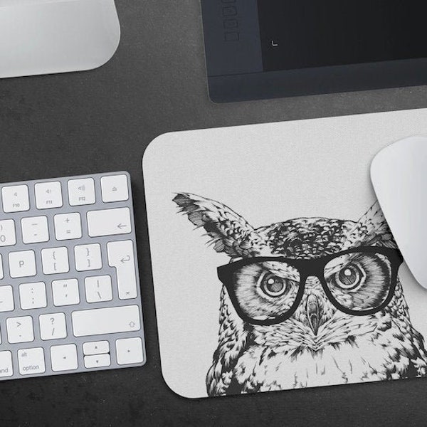 Owl Mousepad, Hipster Nerdy Animal Mouse Pad, Owl Lover Gift, Laptop Office Desk Accessories, Boss Teacher Coworker Gifts