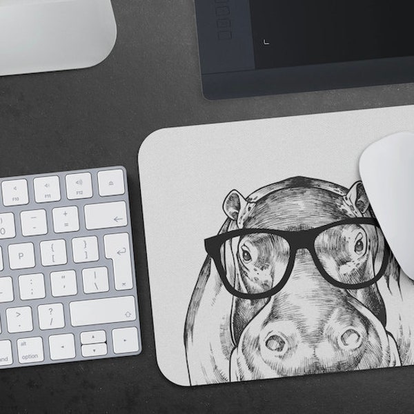 Hippopotamus Mousepad, Hipster Nerdy Animal Mouse Pad, Hippo Lover Gift, Laptop Office Desk Accessories, Boss Teacher Coworker Gifts