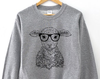 Sheep Sweatshirt, Hipster Baby Sheep Hoodie, Glasses Nerdy Farm Animal Unisex Crewneck Sweatshirts, Sweater, Sheep Mom Gift