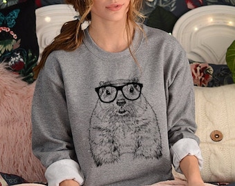 Groundhog Sweatshirt, Hipster Groundhog Hoodie, Glasses Nerdy Animal Unisex Crewneck Sweatshirts, Sweater, Woodchuck Gift