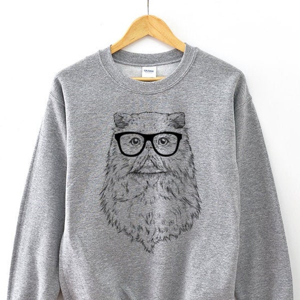 Persian Cat Sweatshirt, Hipster Persian Cat Hoodie, Baseball Tee, Raglan Shirt, Glasses Nerdy Unisex Crewneck Sweater, Cat Mom Cat Dad Gift