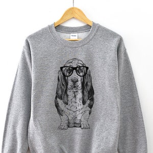 Basset Hound Sweatshirt, Hipster Dog Hoodie, Baseball Tee, Raglan Shirt, Glasses Nerdy Unisex Crewneck Sweater, Dog Mom Dog Dad Gift