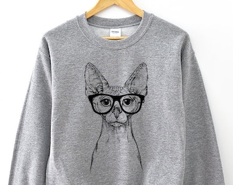 Sphynx Cat Sweatshirt, Hipster Hairless Cat Hoodie, Baseball Tee, Raglan Shirt, Glasses Nerdy Unisex Crewneck Sweater, Cat Mom Cat Dad Gift