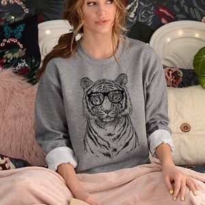 Tiger Sweatshirt, Hipster Tiger Animal Hoodie, Glasses Nerdy Safari Animal Unisex Crewneck Sweatshirts, Sweater, Animal Gift