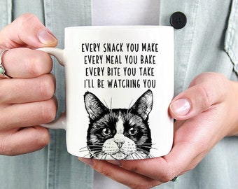 Tuxedo Cat Mug, Tuxedo Cat Mom Dad Coffee Mug, Every snack you make Every meal you bake Every bite you take I'll be watching you Mugs