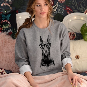 Doberman Sweatshirt, Hipster Doberman Pinscher Dog Hoodie, Glasses Nerdy Dobie Dog Unisex Crewneck Sweatshirts Sweater, Dog Mom Dog Dad Gift