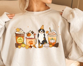 Bernese Mountain Dog Sweatshirt, Berner BMD Dog Fall Coffee Sweatshirt, Thanksgiving Pumpkin Spice Sweater Halloween Autumn Hoodie or Tshirt