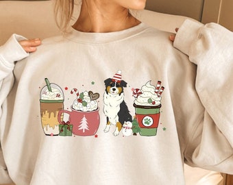 Australian Shepherd Christmas Sweatshirt, Dog Coffee Sweatshirt, Cozy Holiday Sweater, Winter Latte Aussie Dog Mom Xmas Gift Hoodie, Tshirt