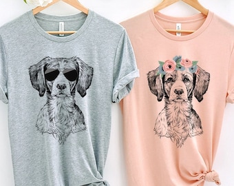 Brittany Spaniel Shirt, Floral or Sunglasses Dog Tshirt, Tee for Dog mom, Dog dad, Gift for Dog Lovers Unisex Adult Boy Girl Kids Baby Shirt